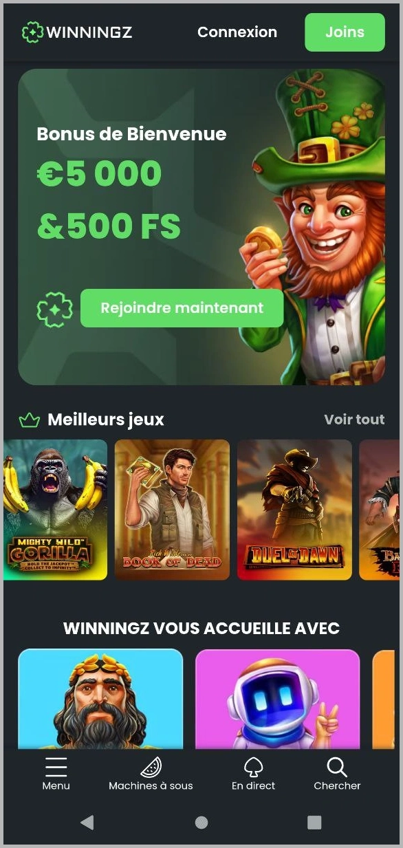 Aperçu compact des sections principales de Winningz