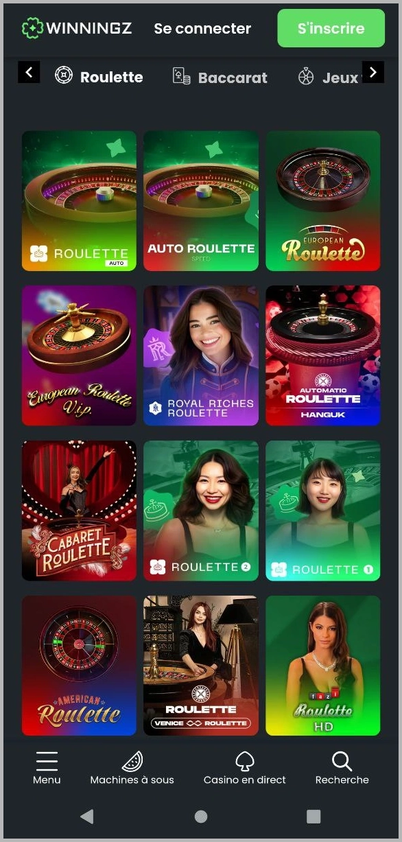 Hall central pour les jeux de casino en direct chez Winningz