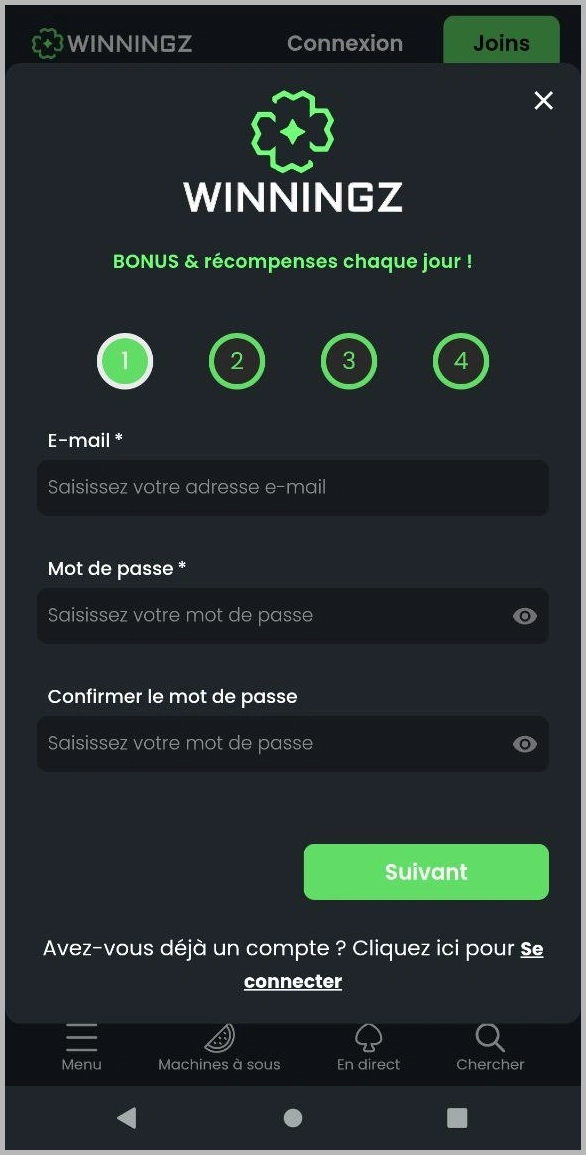 Inscription rapide pour les nouveaux joueurs chez Winningz