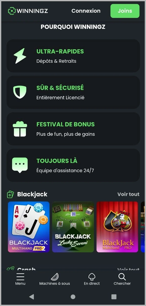Page d’accueil officielle du casino Winningz