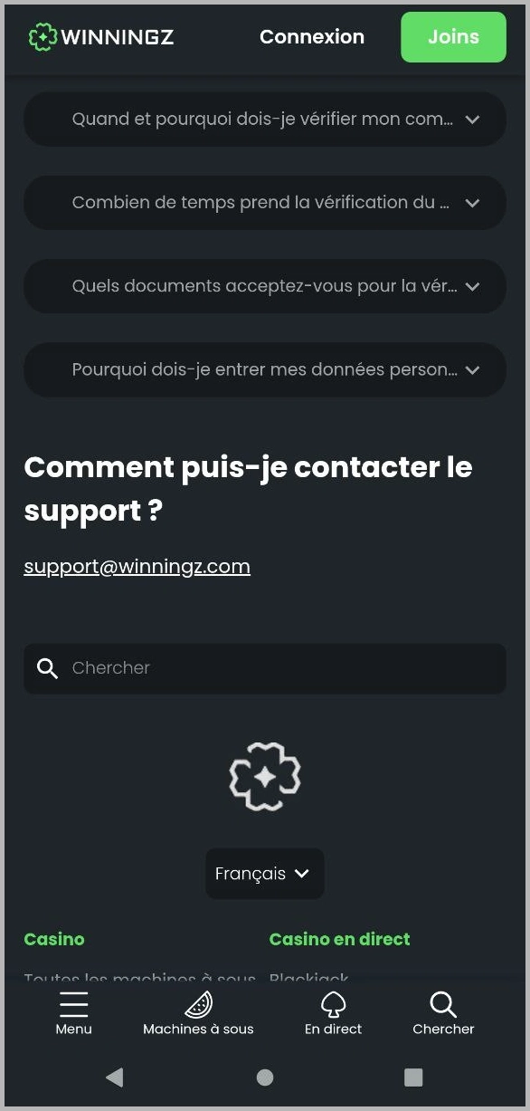 Support live chat 24/7 disponible chez Winningz